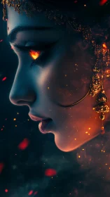 Digital painting profile of fiery-eyed goddess in ember haze.