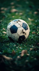 Weathered soccer ball rests on grass in shallow focus field