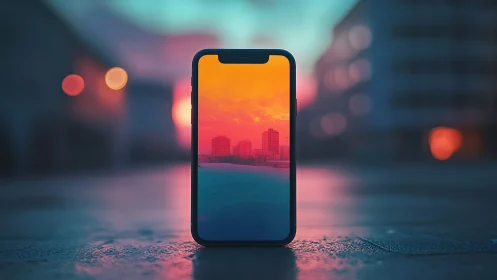 Smartphone frames neon sunset cityscape on wet street.