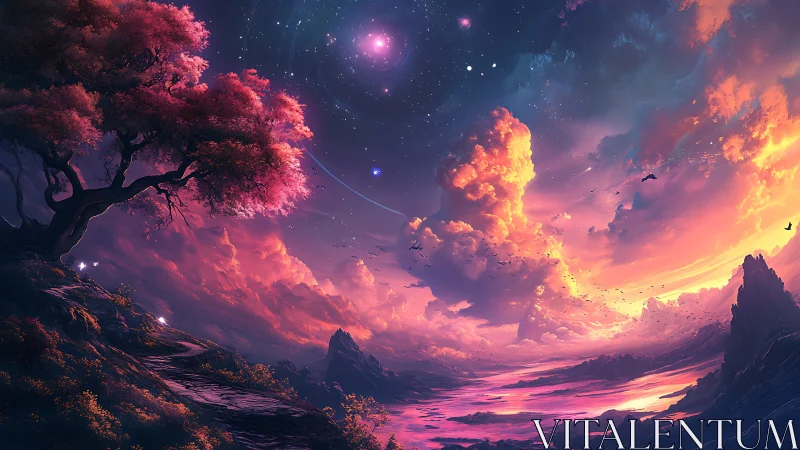 Dreamlit sky over a glowing river of cosmic twilight.