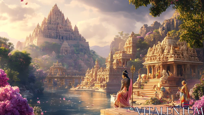 Sunlit riverfront temples frame a monumental stepped sanctuary