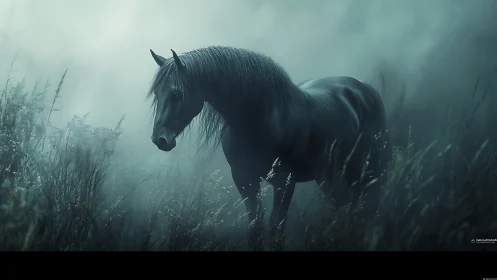 Moody black horse emerges in volumetric fog with soft rim lighting