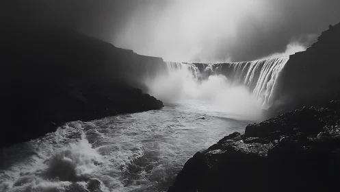 Stormlit cataract roars through shadow and silver mist.