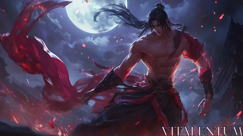 Moonlit warrior wrapped in crimson storm and swirling power.