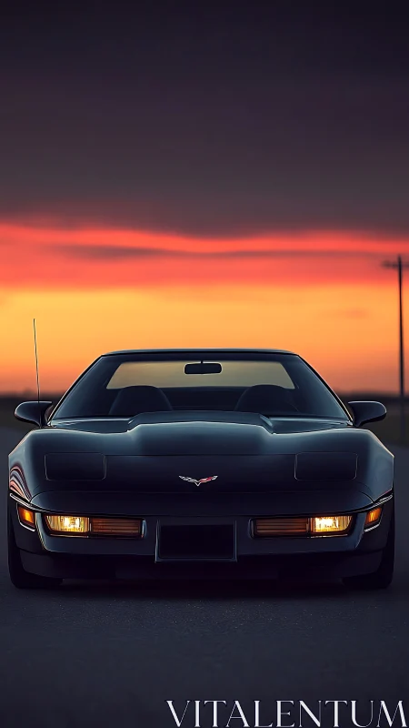 Midnight black sports coupe idling beneath a molten sunset sky.
