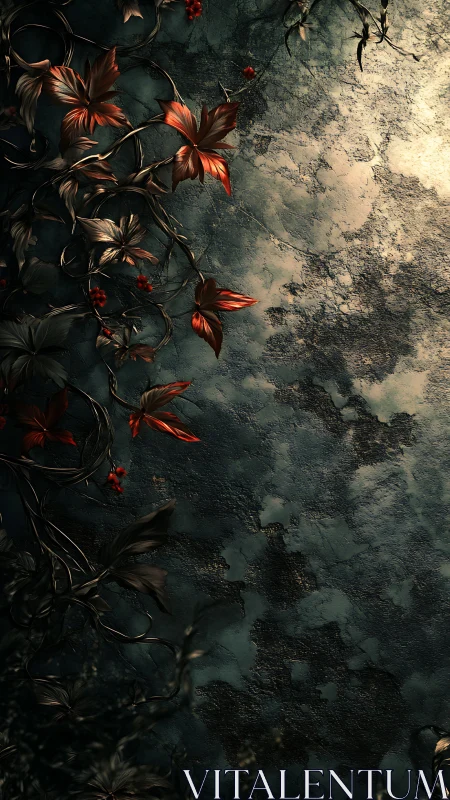 Dark textured wall with metallic ivy and red leaves.