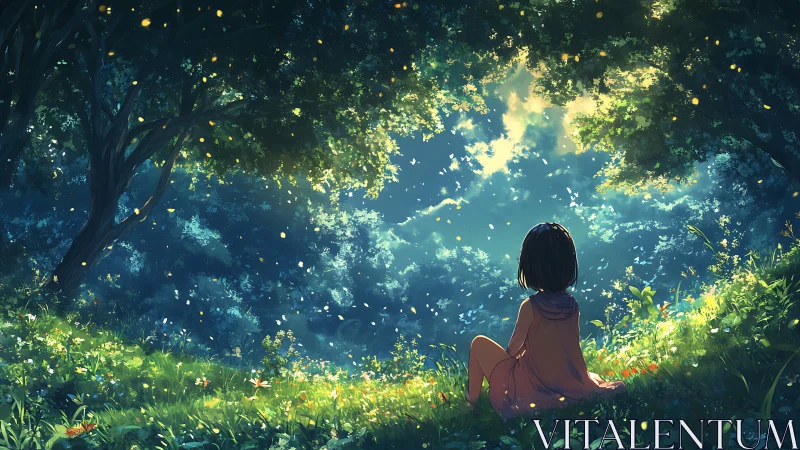 Forest daydream under firefly skies and whispering leaves.