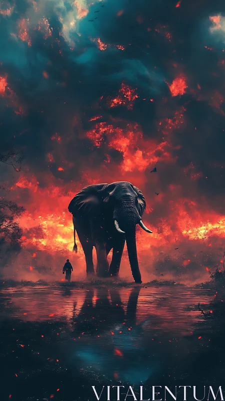 Colossal elephant and lone figure in incendiary twilight sky