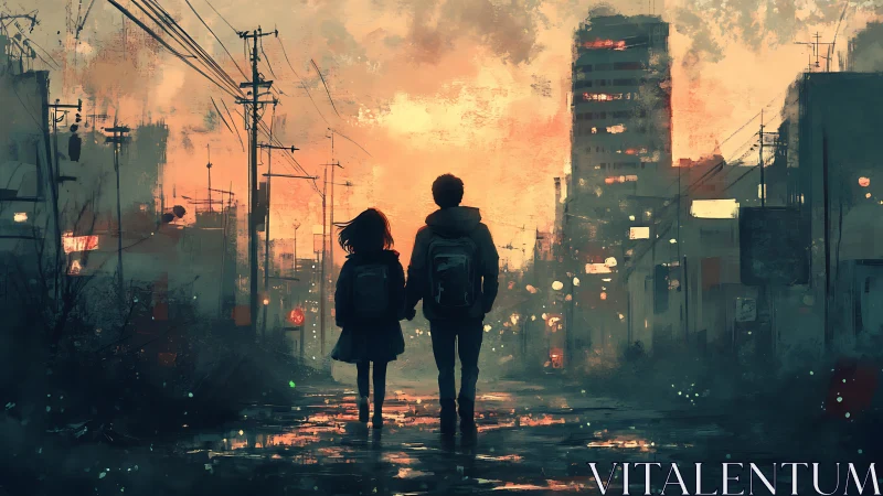 Hand in hand through the city’s glowing twilight streets.