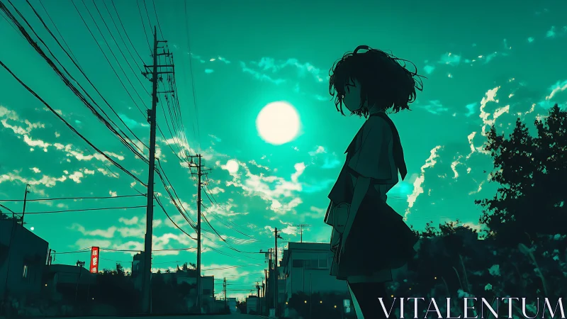 Quiet teal evening with a thoughtful girl under glowing sky.