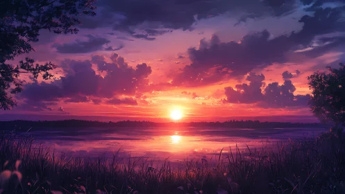 Gentle lake sunset wrapped in lavender and ember clouds.