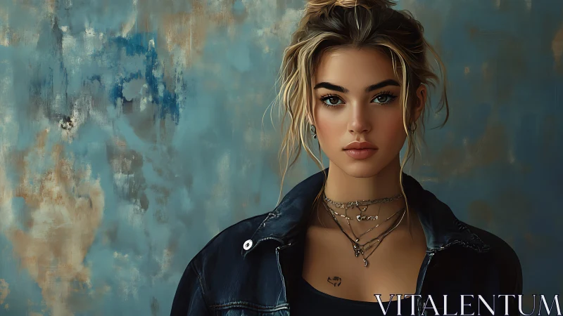 Digital portrait shows blonde woman before textured teal wall