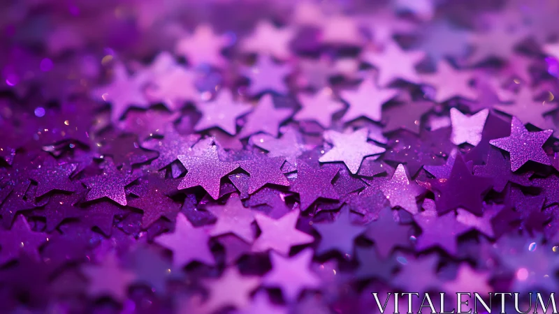 Violet star confetti macro with shallow glittering bokeh.