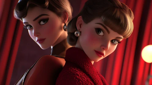Cinematic 3D portrait of dual female figures in velvet light.