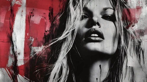 Bold monochrome portrait framed by raw crimson strokes.