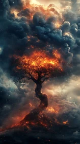 Celestial Inferno: Burning Tree Rising Through Molten Cloud Formations
