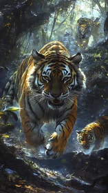Tiger Pack Stalking Through Misty Forest.