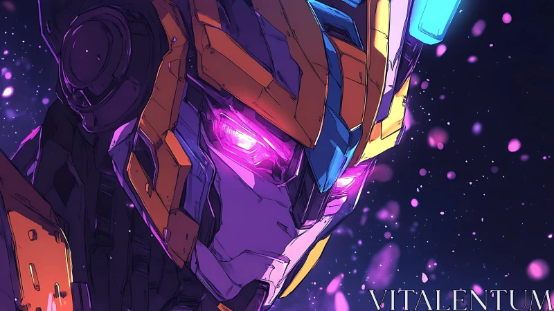 Robot head illustration depicts angular armor and glowing eyes