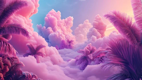 Pink cloudscape with stylized palm trees under soft sky.