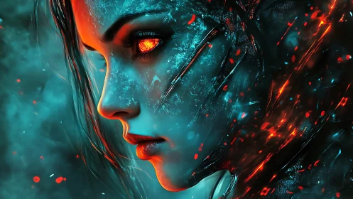 Profile view depicts humanoid face with molten ocular detail