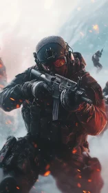 Armored soldier advances through icy battlefield inferno