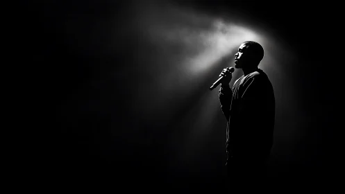Singer stands in dramatic spotlight amid smoky darkness.