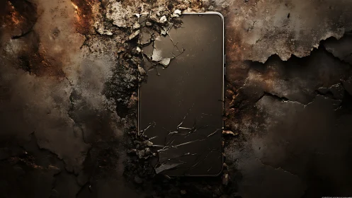 Weathered smartphone rests in crumbling stone and burnt metal