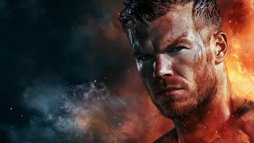 Firelit warrior portrait in a storm of smoke and sparks.