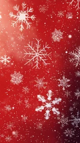 White snowflakes scatter across glowing red backdrop.