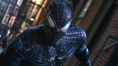 Midnight web-slinger poised between shadows and city lights.