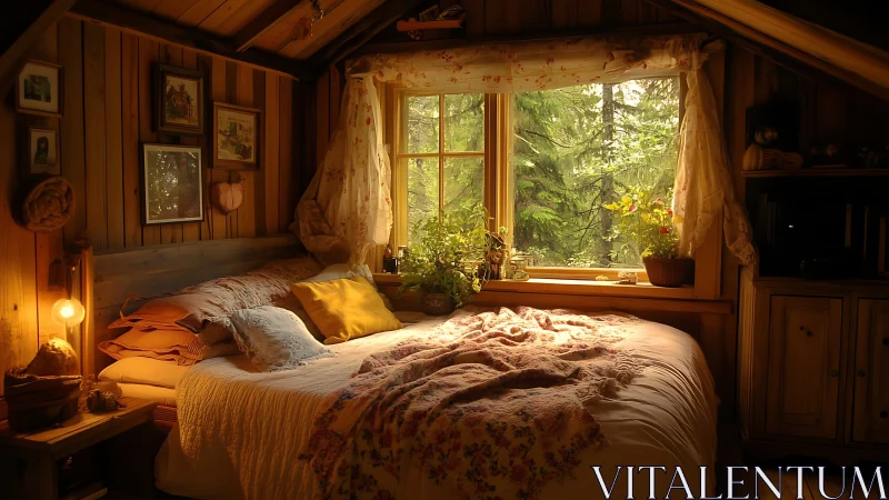 Cozy attic cabin bedroom glowing with soft forest light.