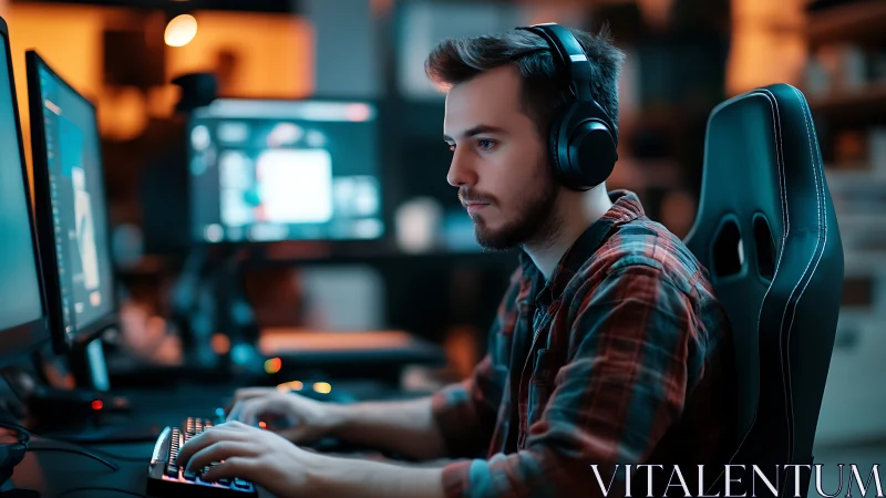 Focused gamer enjoys an immersive night at his computer