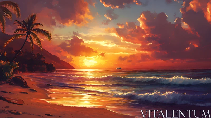 Sunset-splashed palm cove cradling molten-tide horizons.