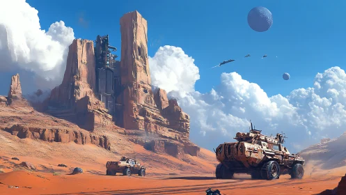 Futuristic rover patrol crosses desert toward cliff base.