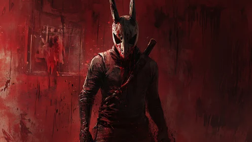 Masked killer stalks crimson corridor in soaked leathers.