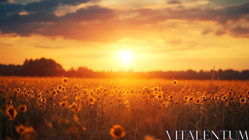 Sunflowers fill a field under low evening sun at horizon