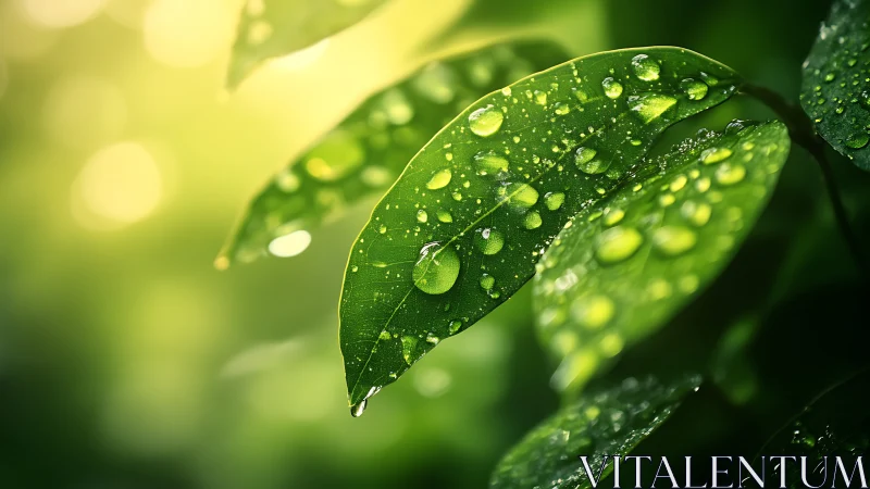 Close-up view of green leaves with water droplets in light.