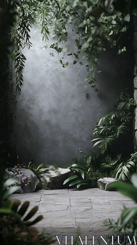 Stone courtyard corner with dense green foliage framing wall.