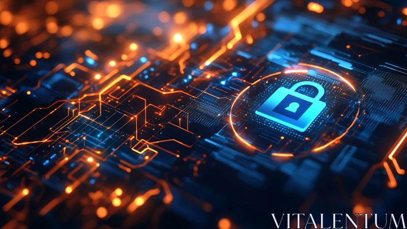 Cyber lock icon over luminous circuit grid in blue orange