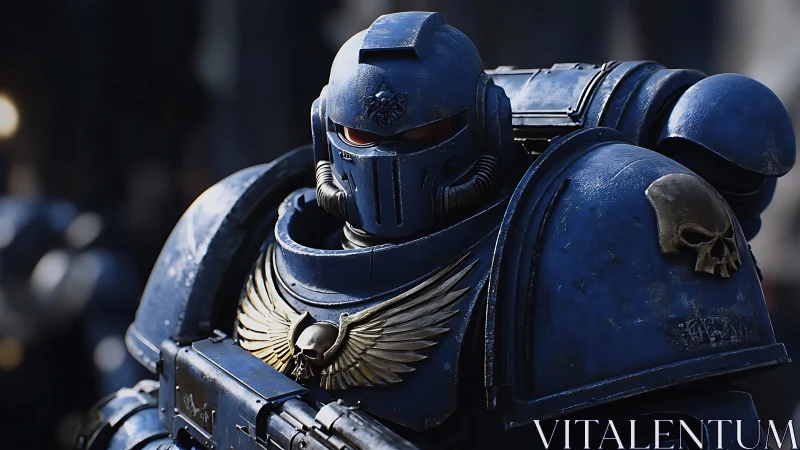 Armored guardian broods beneath battle-worn blue ceramite