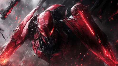 Red armored mech charges forward in glowing battle scene.