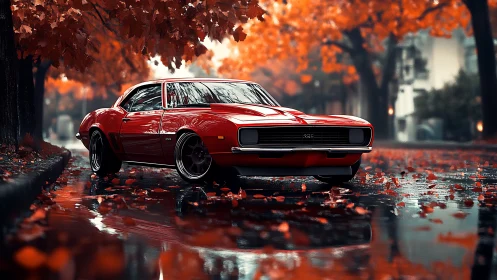 Crimson muscle car lingers in a rain-glossed autumn avenue