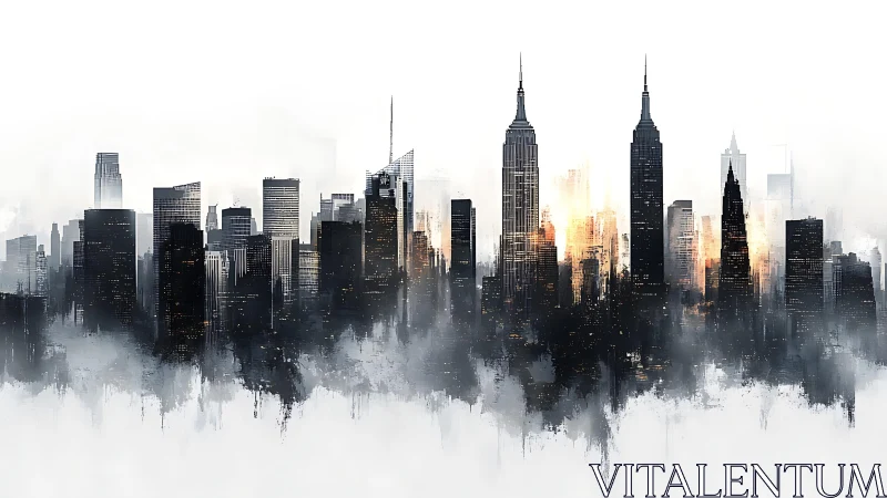 Moody monochrome city skyline with hazy abstract edges.