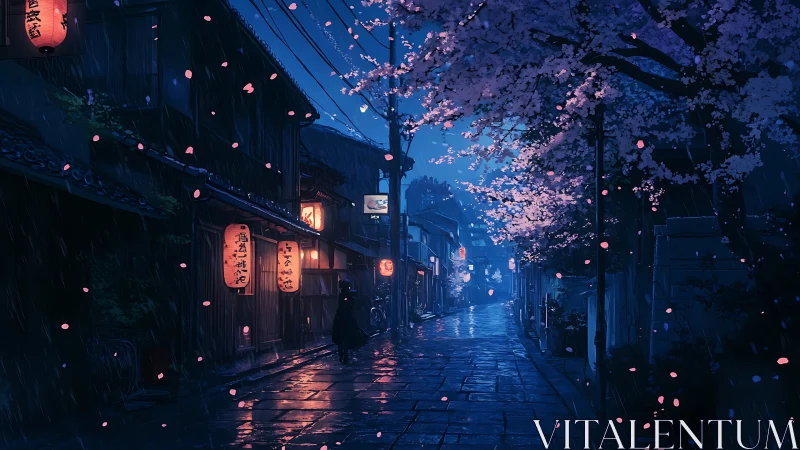 Rainy night street under cherry blossoms in soft blue tones.