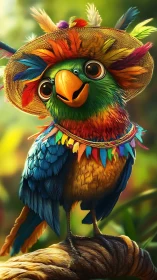 Playful tropical parrot poses in a vibrant feathered hat