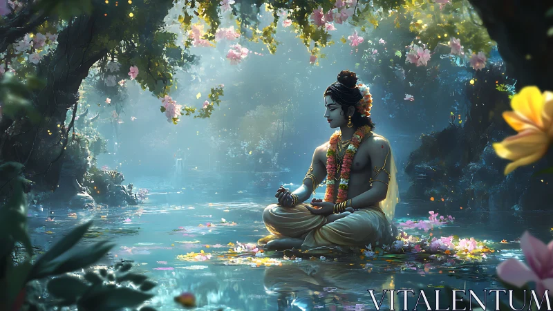 Divine figure meditates in luminous, flower-strewn forest pool.