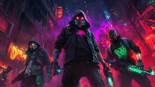 Neon masked street rebels stride through a charged cyber city