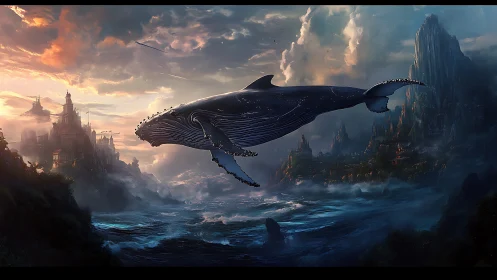 Giant whale glides above stormy sea and fantasy coast.