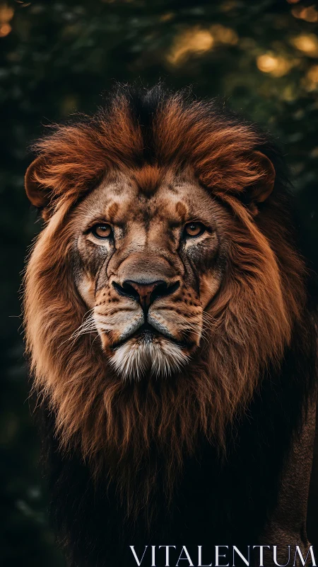 Male lion frontal portrait with full mane in soft bokeh light.