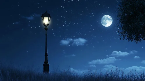 Solitary lamppost illuminates a moonlit, star-dense nightscape
